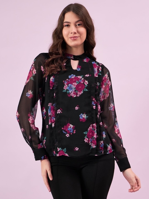 Women Floral Print Pleated Georgette Top (Color Black) (Size M)