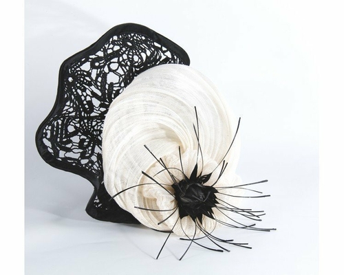 Large cream black fascinator with lace