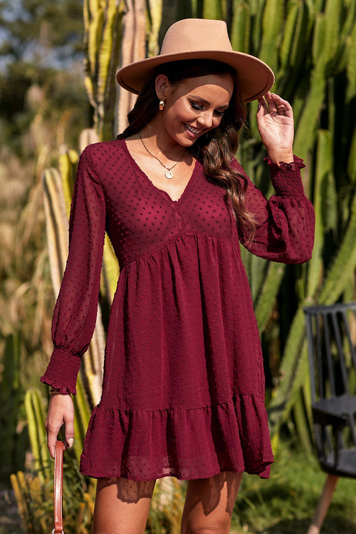 V-Neck Dotted Burgundy Empire Dress