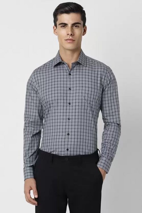 Men Slim Fit Checkered Spread Collar Formal Shirt Grey (Size M)