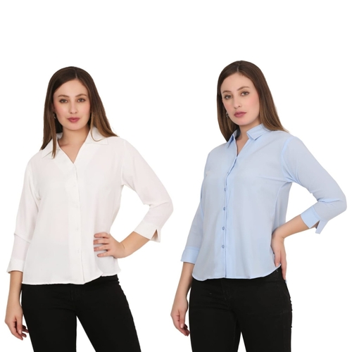 Womens Solid Formal Shirt PACK OF 2 WHITE AND LIGHT BLUE  L