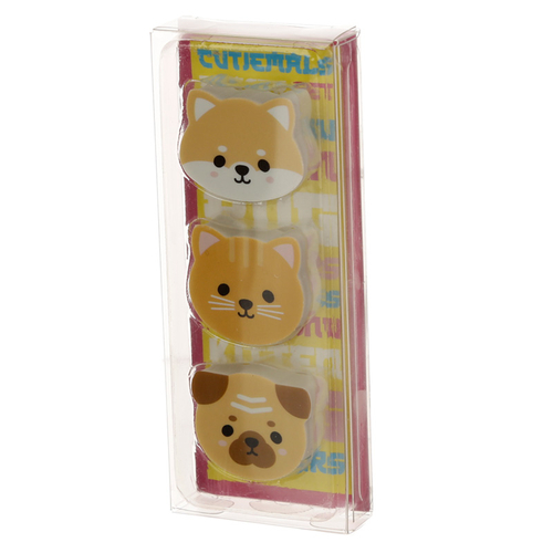 Cutiemals Pug, Cat, Shiba Inu 3 Piece Eraser Set