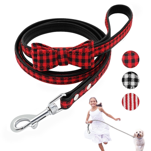 Bowknot Pet Dog Leashes Plaid Leather Padded Puppy