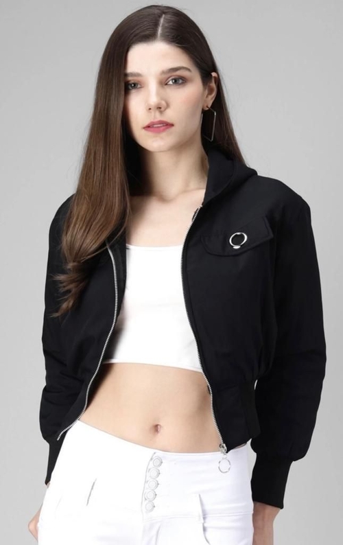 Women Solid Light Weight Casual Short Jacket (Color Black) (Size L)