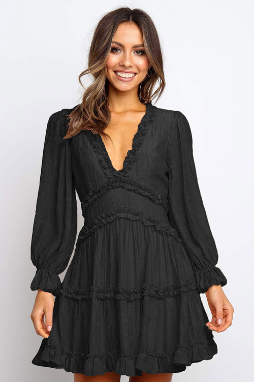 Black V Neck Ruffle Detailing Open Back Dress