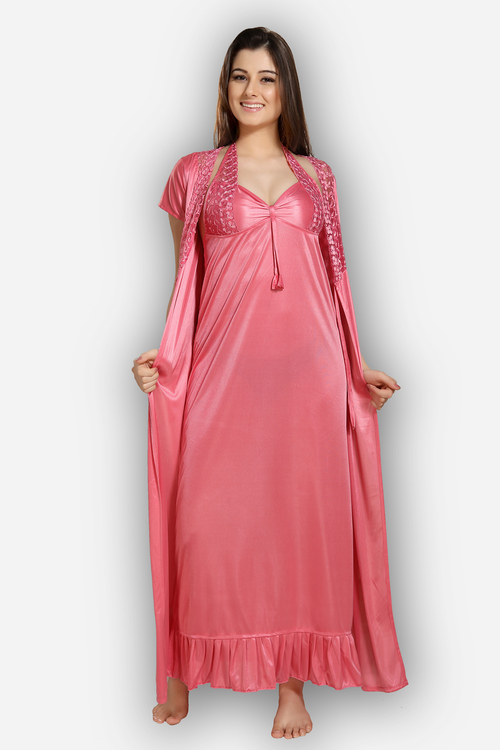 Romaisa Women's Satin Solid Coral Maxi Length Nighty with Robe