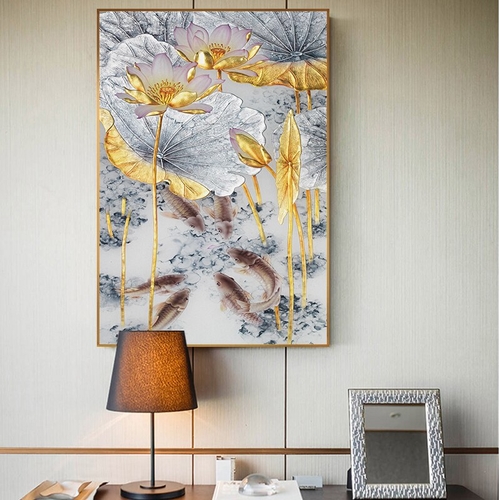 Abstract Gold Lotus Fishes Canvas Painting Modern