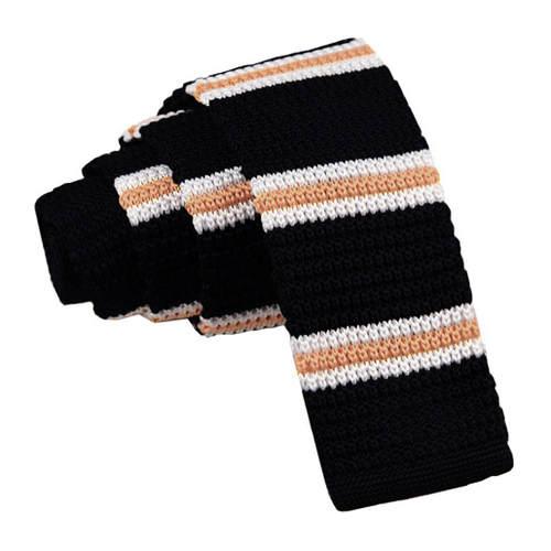 Knitted 3 Thin Stripe Skinny Tie - Knitted Black with Yellow & White