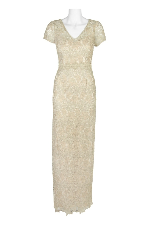 Adrianna Papell V-Neck Short Sleeve Zipper Back Slit Back Metallic