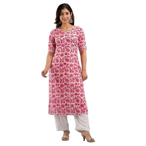 Women's Pink Floral Cotton Kurta with Palazzo set Size XL