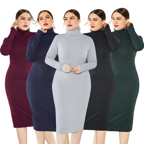  Autumn Winter Plus Size Women Dress Solid