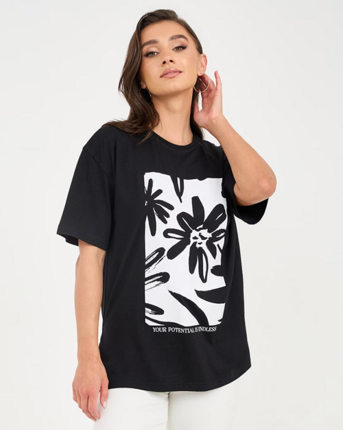 Women Half Sleeve Graphic Print Oversized Fit Round-Neck T-Shirt