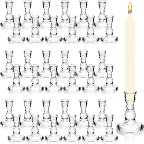 Set of 36 Clear Glass Taper Candle Holders Bulk Pillar Candlestick