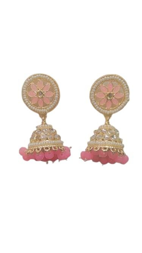 Stylish Ethnic Gold Tone Jhumkis With Pink Stones For Women & Girls