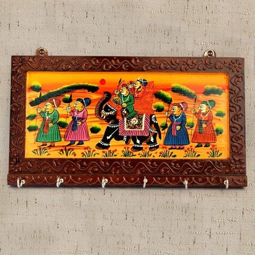 Wooden Rajasthani Art Work 6 Hook Hanging Key Holder - Brown