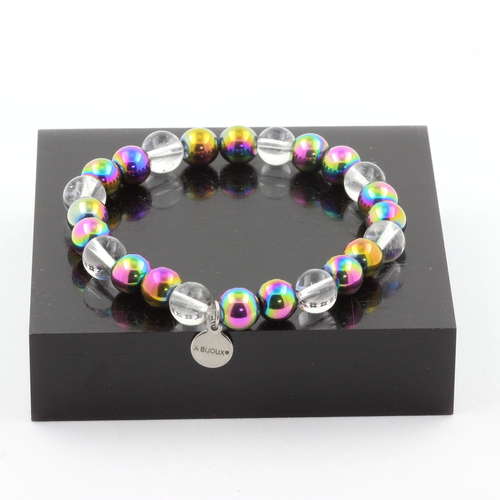 Quartz + Multicolor Hematite Bracelet 8 mm Beads.