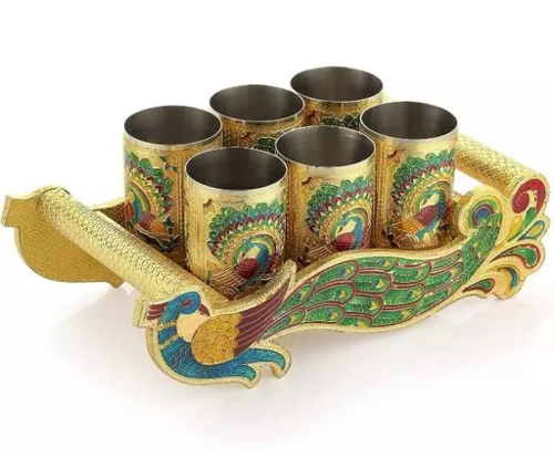 Stainless Steel 6 Meenakari Peacock Glass Tray Set Golden Meenakari