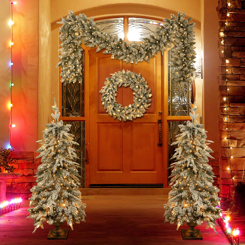 Pre-lit Christmas Artificial Tree 4-Piece Set, Garland, Wreath and Set