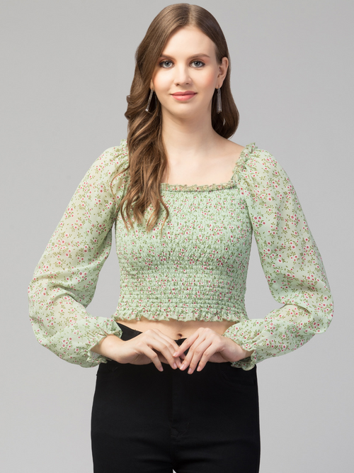 Women Girls Puff Sleeves Floral Smocked Top-SEA GREEN