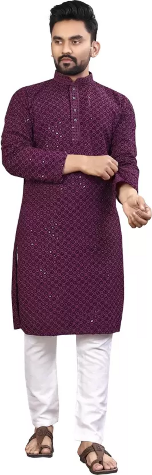 Men Embroidered Cotton Rayon A-line Kurta  (Purple) (Size UK 36)