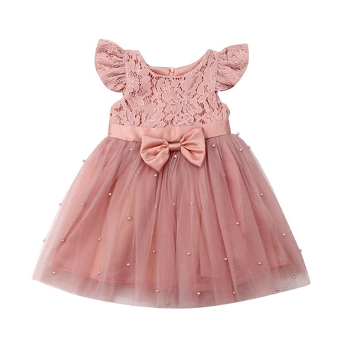 2-7Y Formal Kid Baby Girl Lace Pearl Dress Fly
