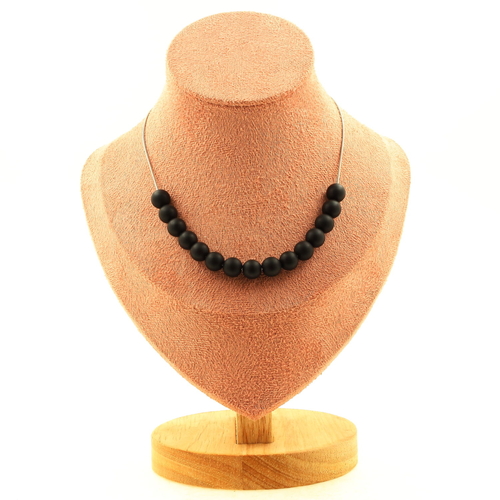 Matte black Onyx 8 mm 15 beads necklace stainless steel chain