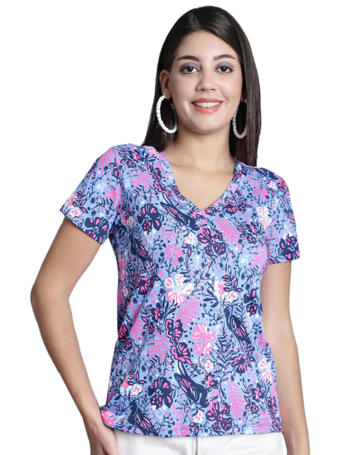 Women's All Over Print V Neck T-Shirt(SizeXL)(ColorLight blue)