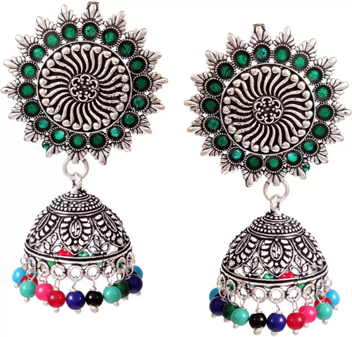 Women's Oxidised Silver plated Red beaded jhumka Jhumki Afghani