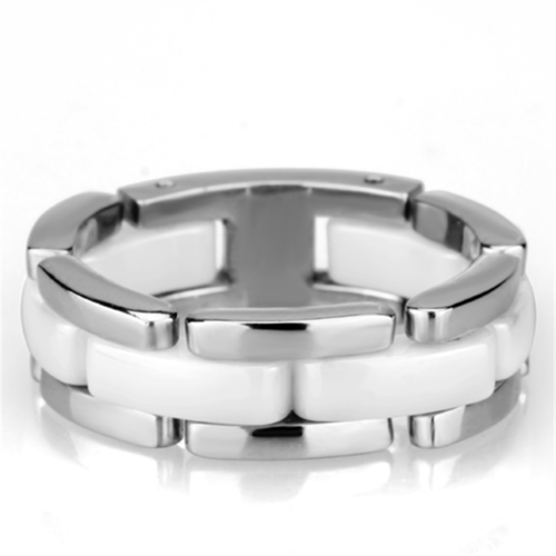 Women High Polished Stainless Steel Ring with Ceramic in White - Size 