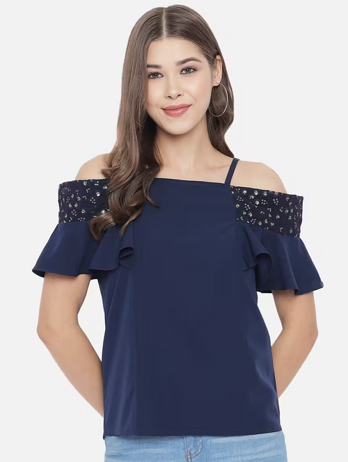 Cold Shoulder Solid Top (Size-M) (Color-Navy Blue )