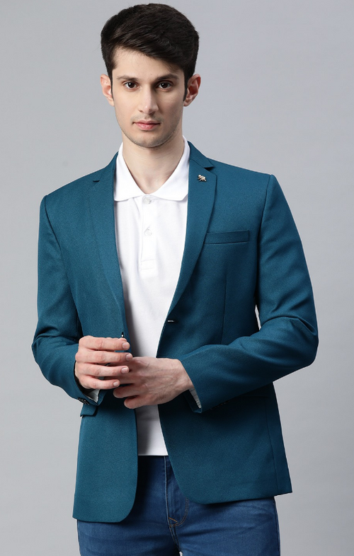 Men's Solid Slim Fit Single-Breasted Formal Blazer (Color Teal Blue)