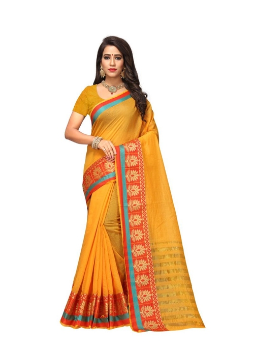 Generic Women's Cotton Silk Saree(Yellow, 5.5-6