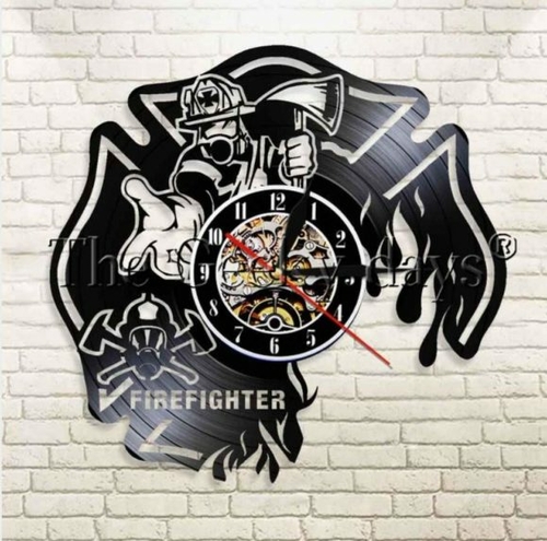 FIREFIGHTER FIREMAN DESIGN HANDMADE VINYL RECORD WALL CLOCK