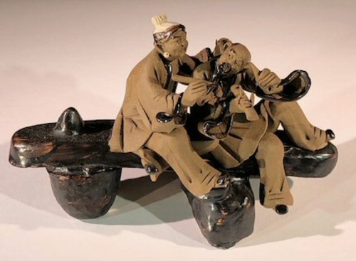 Miniature Ceramic Figurine Couple Sitting on Bench Making Music - 3"