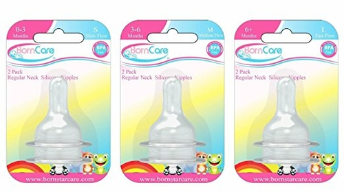 BornCare BCWS-166-3 6 Months Plus, Regular Neck Silicone Nipple - 