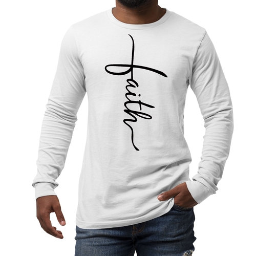 Mens Long Sleeve Graphic T-shirt Faith Script Cross Black Illustration