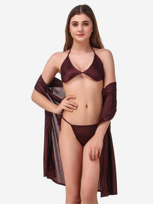 Romaisa Women's Satin Solid Brown Robe with Lingerie Set