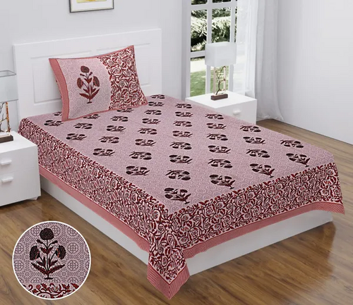 Peach Jaipuri 100% Cotton Single Badsheet with one Pillow Cover (Size