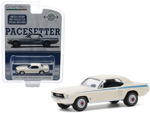 1967 Ford Mustang Coupe Wimbledon White with Scotchlite Blue Stripes
