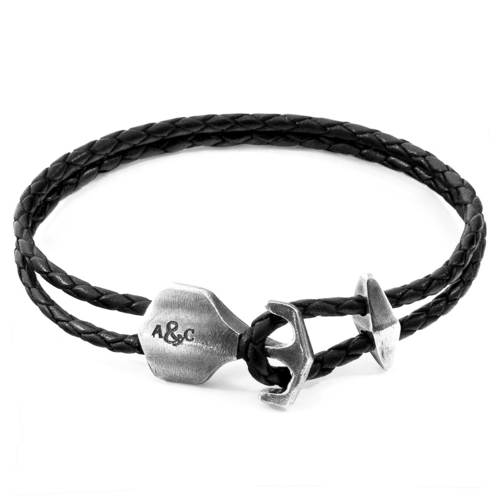 Coal Black Delta Anchor Silver & Braided Leather Bracelet