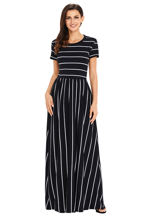 White Striped Black Short Sleeve Maxi Dress