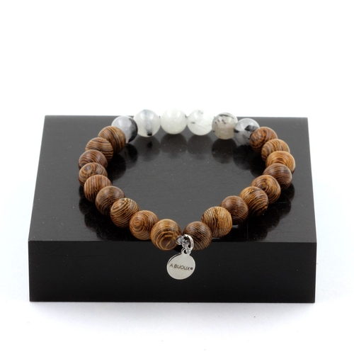 Black rutilated Quartz + wood Bracelet 8 mm Beads.