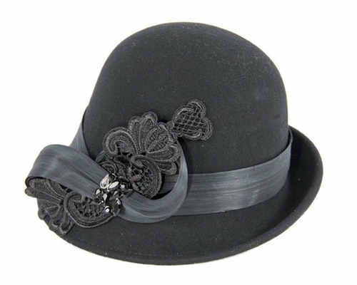 Black cloche hat with lace trim