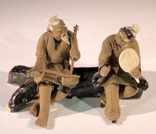 Miniature Ceramic Figurine Two Men Sitting on Bench Playing Musical