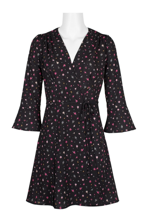 French Connection V-Neck 3/4 Sleeve Pleated Tie Waist Floral Print