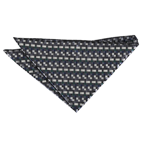 Chequered Geometric Handkerchief - Silver with Black, Green and Navy