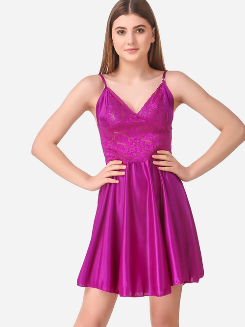 Romaisa Women's Satin Solid Magenta Above Knee Length Babydoll