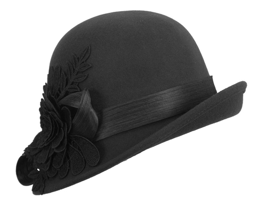 Black felt cloche hat with lace