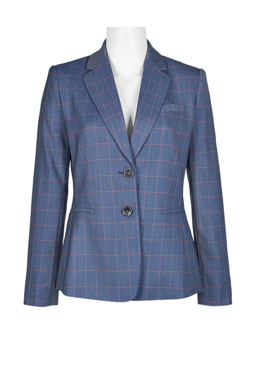 Tahari ASL Notched Collar Two Button Long Sleeve Plaid Notch Twill