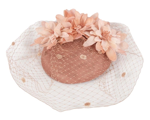 Dark Coral ladies pillbox fascinator with veil